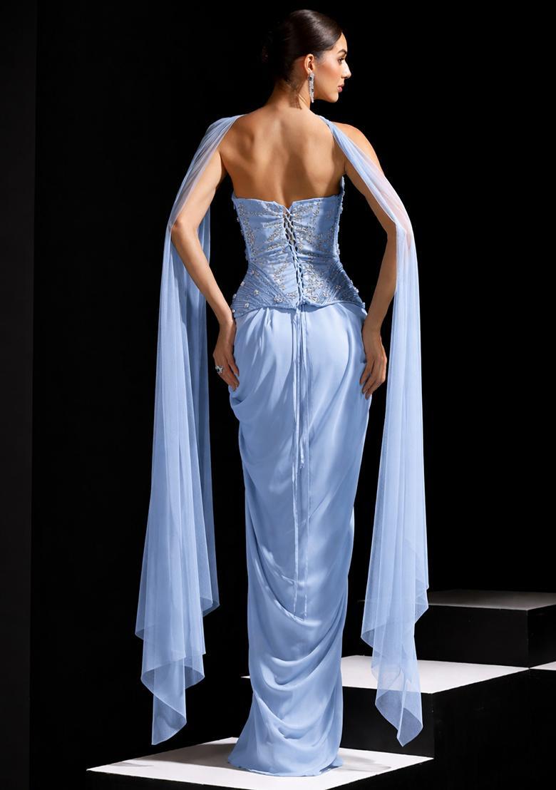 Soft Blue Satin Embellished Handwork Fusion Set - Indya
