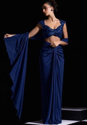 Deep Sea Blue Satin Embellished Handwork Pre Draped Saree Set