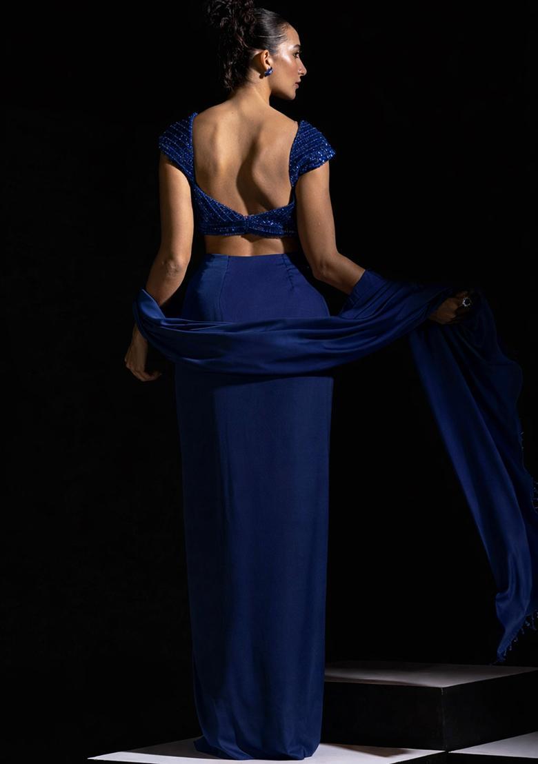 Deep Sea Blue Satin Embellished Handwork Pre Draped Saree Set - Indya