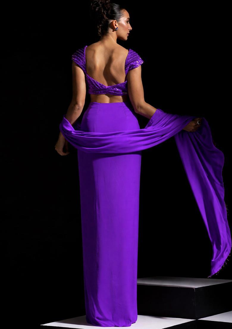 Royal Purple Satin Embellished Handwork Pre Draped Saree Set - Indya