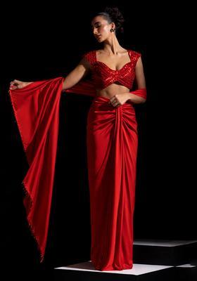 Scarlet Red Satin Embellished Handwork Pre Draped Saree Set