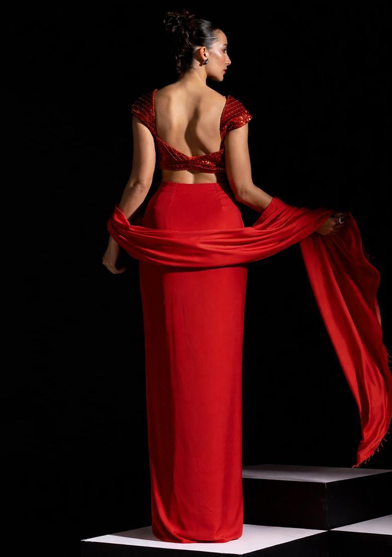 Scarlet Red Satin Embellished Handwork Pre Draped Saree Set - Indya