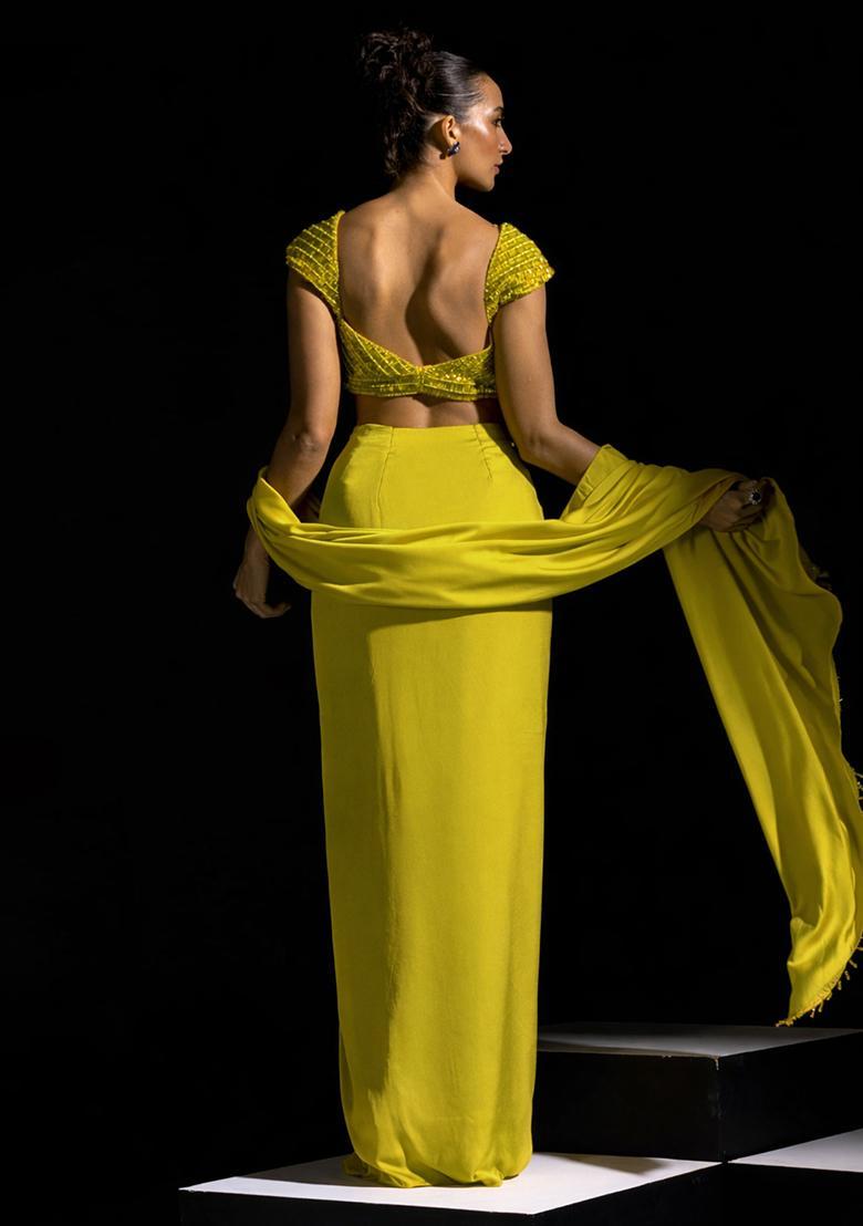 Dark Olive Satin Embellished Handwork Pre Draped Saree Set - Indya