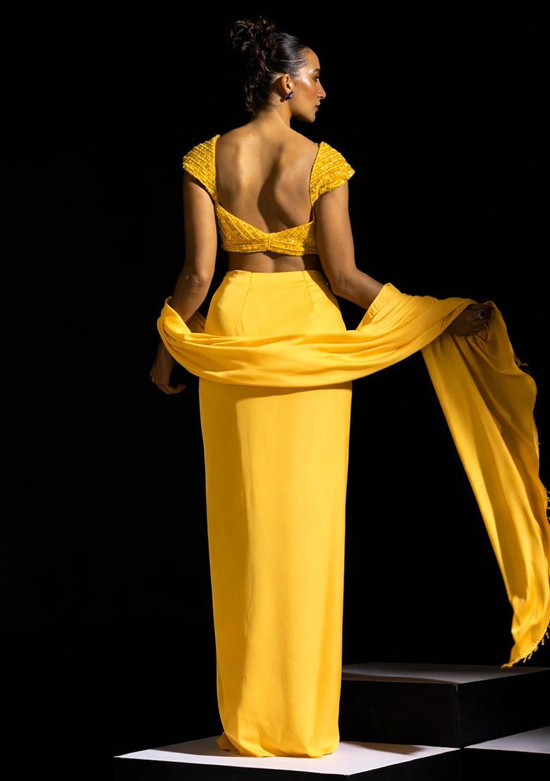 Sunflower Yellow Satin Embellished Handwork Pre Draped Saree Set - Indya