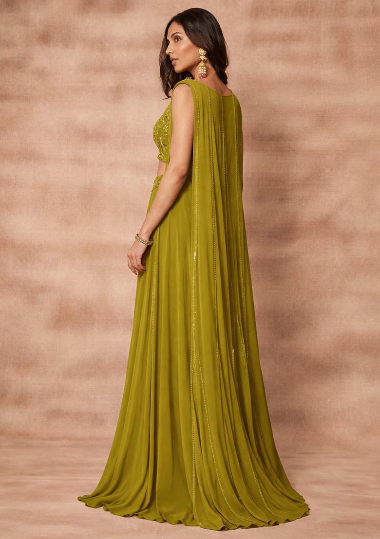 Olive Green Georgette Embellished Handwork Fusion Set - Indya