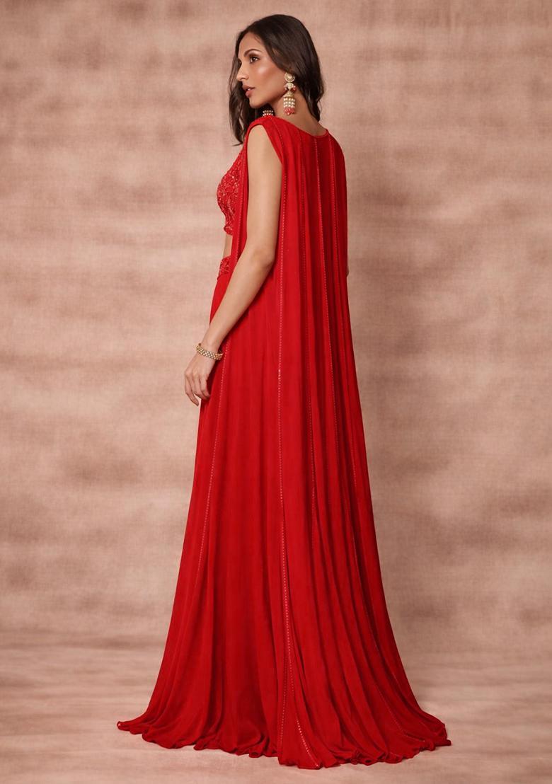 Red Georgette Embellished Handwork Fusion Set - Indya