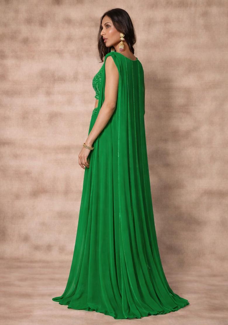 Green Georgette Embellished Handwork Fusion Set - Indya