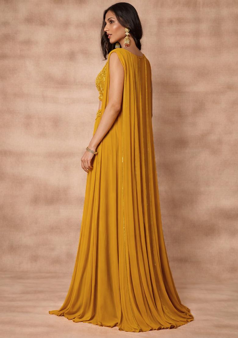 Mustard Georgette Embellished Handwork Fusion Set - Indya