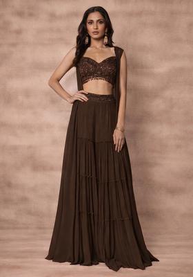 Brown Georgette Embellished Handwork Fusion Set