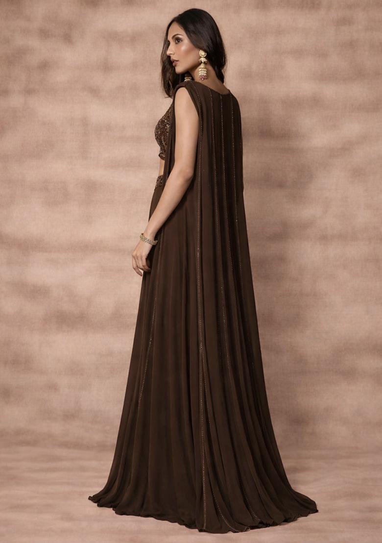 Brown Georgette Embellished Handwork Fusion Set - Indya