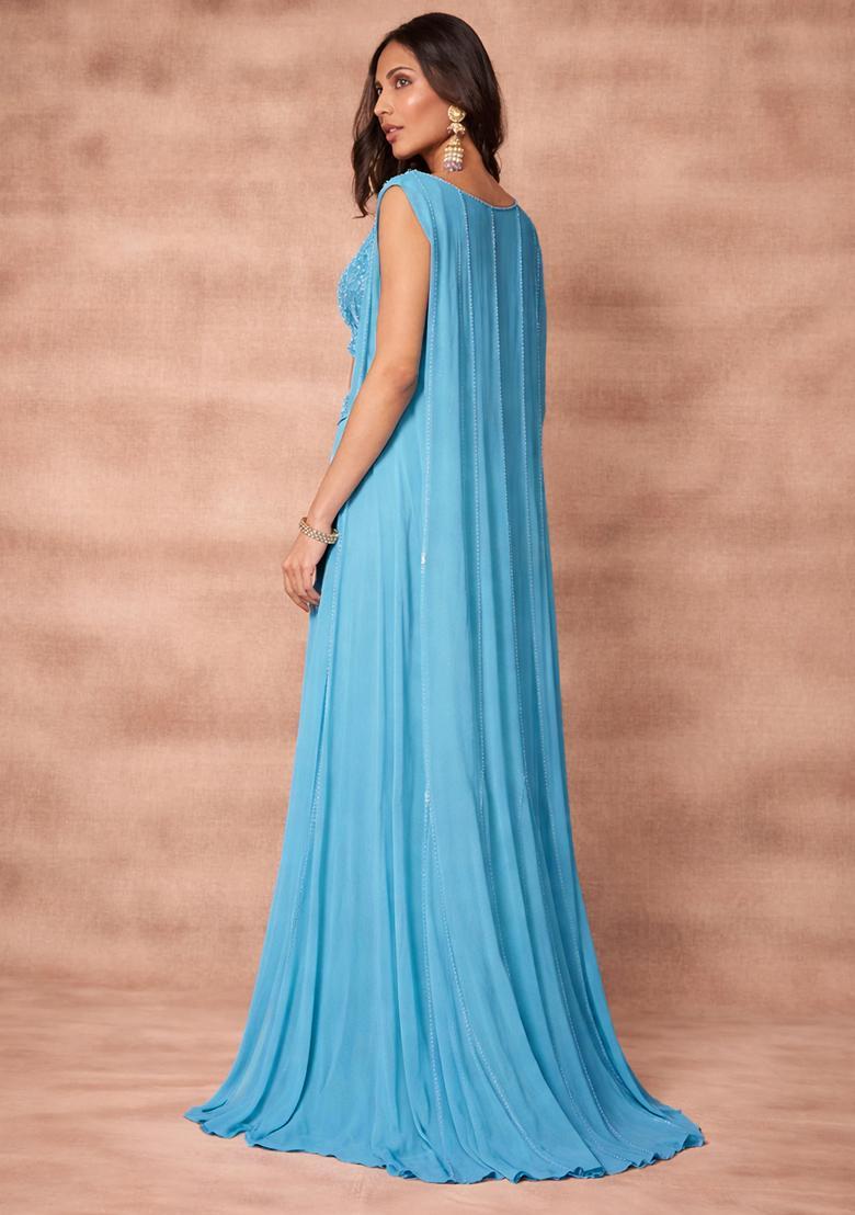 Sky Blue Georgette Embellished Handwork Fusion Set - Indya