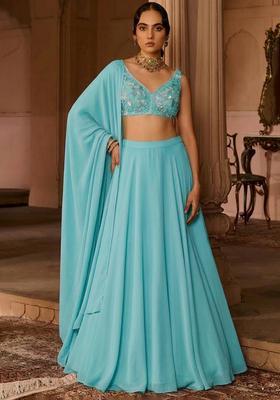 Aqua Blue Crepe Embroidered Handwork Lehenga Set