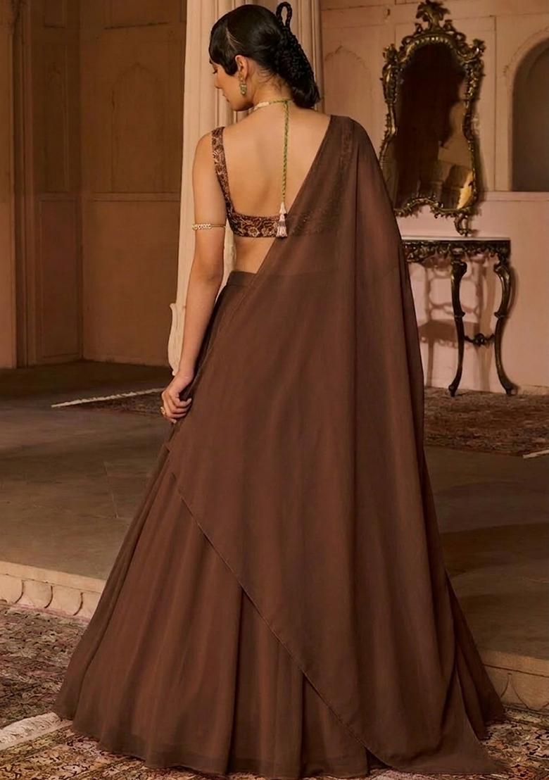 Brown Crepe Embroidered Handwork Lehenga Set - Indya