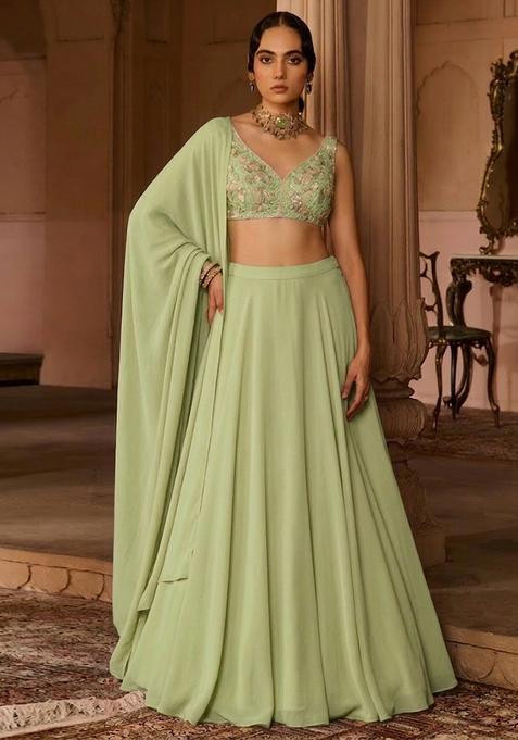 Sage Green Crepe Embroidered Handwork Lehenga Set