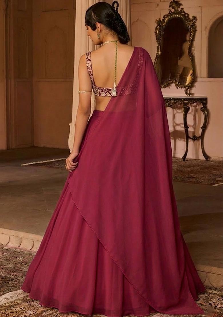Pink Crepe Embroidered Handwork Lehenga Set - Indya