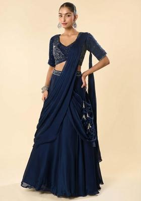 Blue Crepe Embellished Handwork Lehenga Set