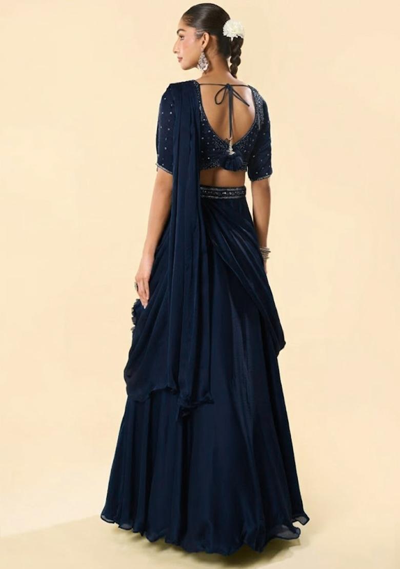 Blue Crepe Embellished Handwork Lehenga Set - Indya