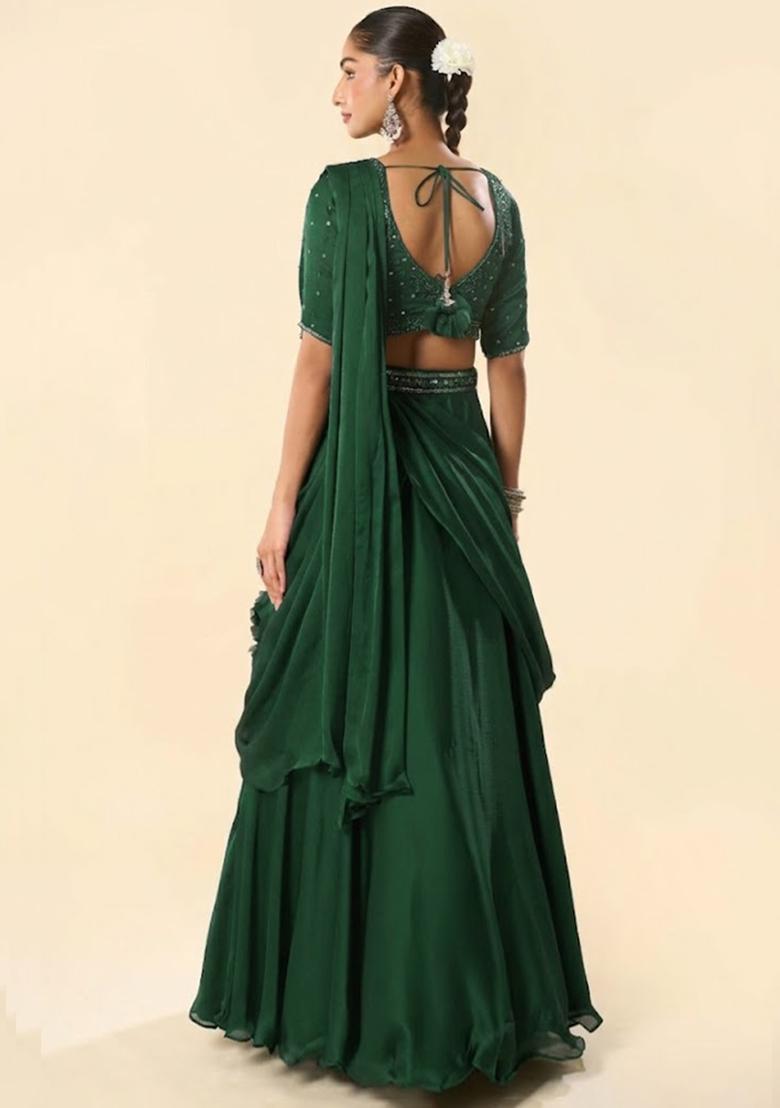 Green Crepe Embellished Handwork Lehenga Set - Indya