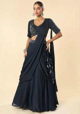 Grey Crepe Embellished Handwork Lehenga Set