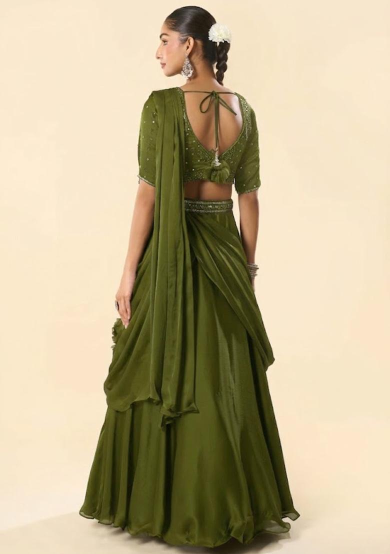 Olive Green Crepe Embellished Handwork Lehenga Set - Indya