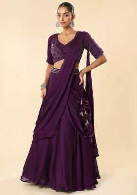 Purple Crepe Embellished Handwork Lehenga Set