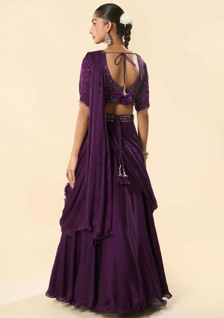 Purple Crepe Embellished Handwork Lehenga Set - Indya