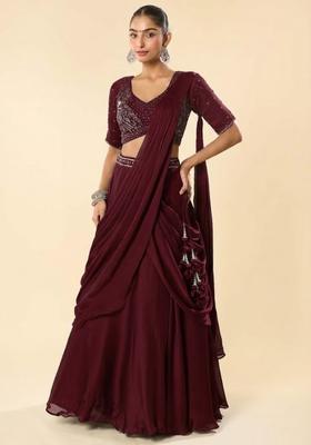 Rouge Red Crepe Embellished Handwork Lehenga Set