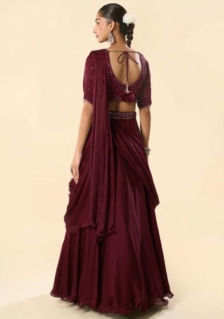 Rouge Red Crepe Embellished Handwork Lehenga Set - Indya