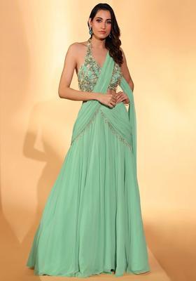 Green Georgette Embroidered Handwork Lehenga Set