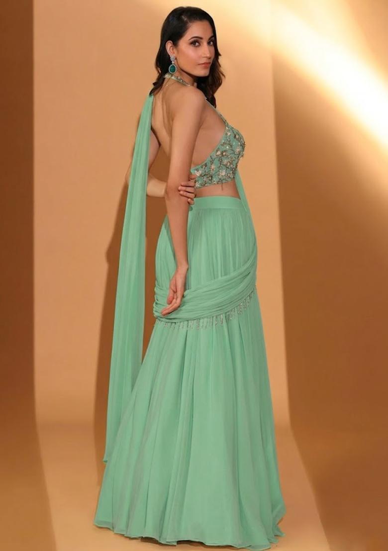 Green Georgette Embroidered Handwork Lehenga Set - Indya