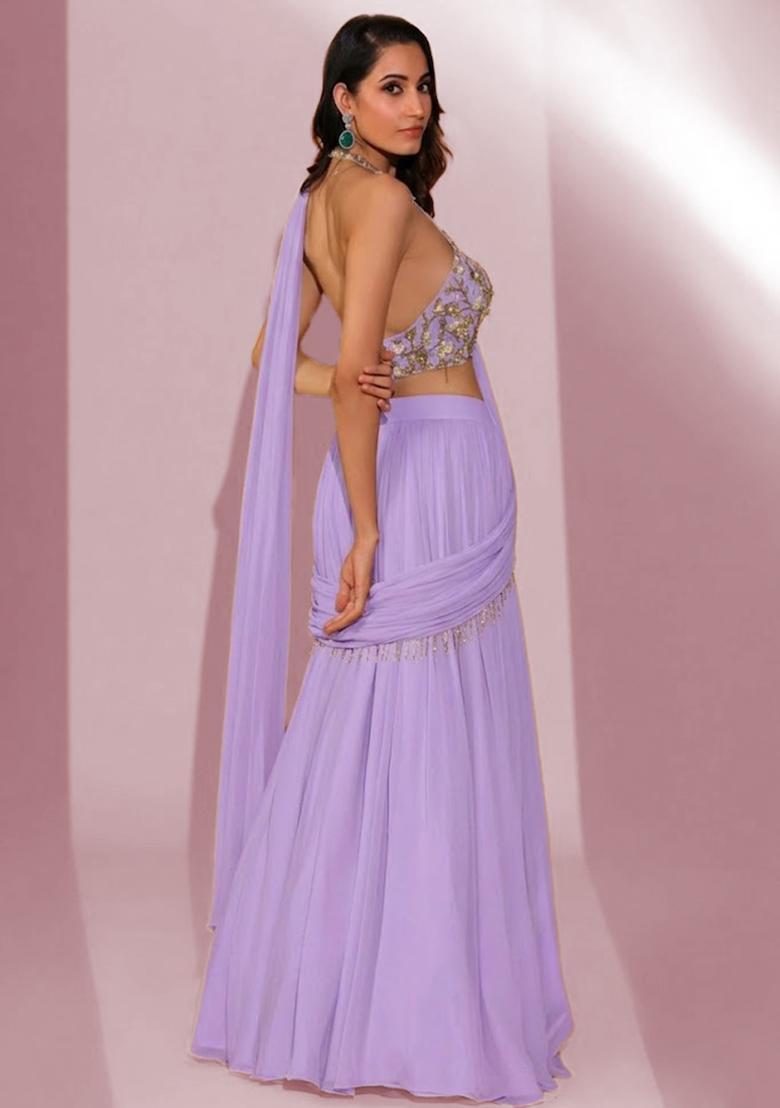Lavender Georgette Embroidered Handwork Lehenga Set - Indya