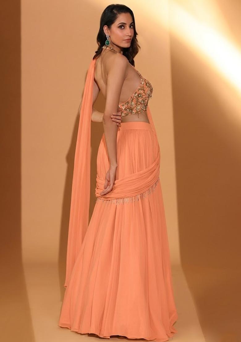 Peach Georgette Embroidered Handwork Lehenga Set - Indya