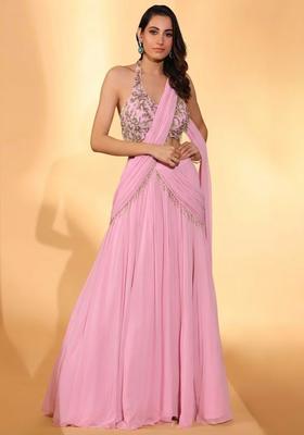 Pink Georgette Embroidered Handwork Lehenga Set