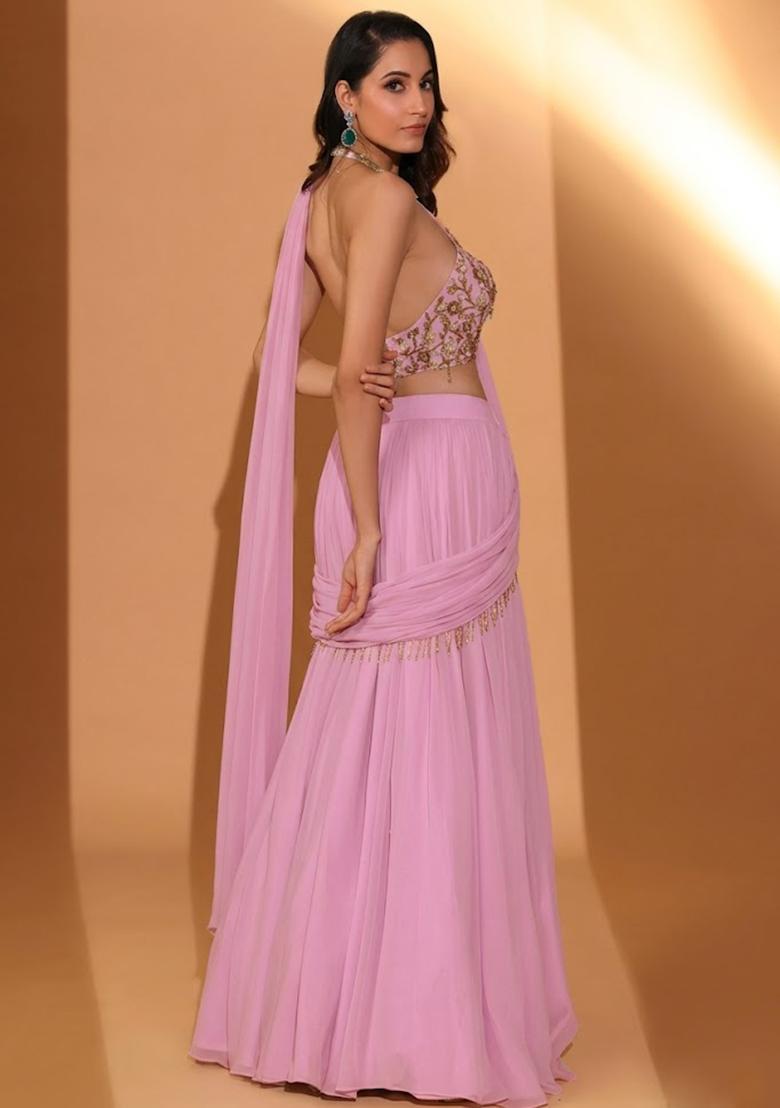Pink Georgette Embroidered Handwork Lehenga Set - Indya