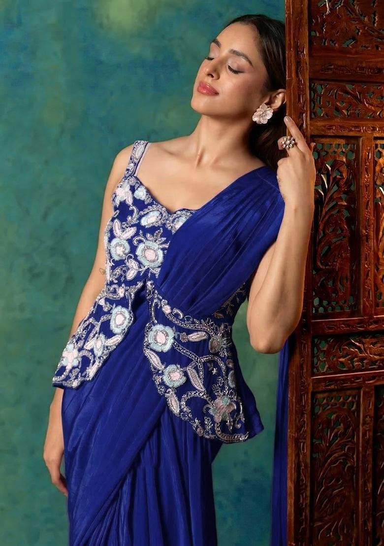 Royal Blue Crepe Embroidered Handwork Pre Draped Saree Set - Indya