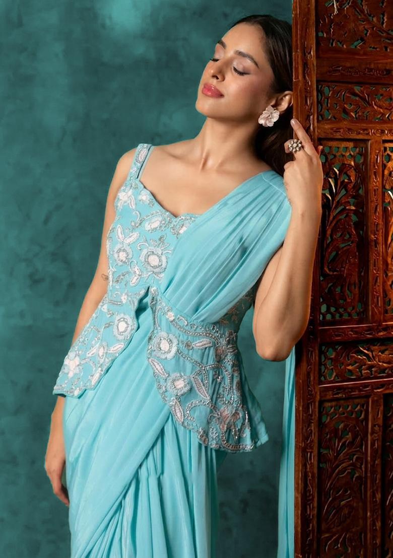 Aqua Blue Crepe Embroidered Handwork Pre Draped Saree Set - Indya