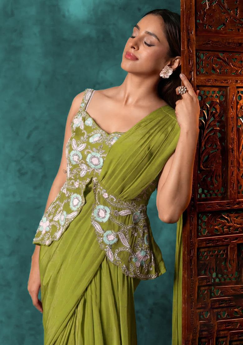Olive Green Crepe Embroidered Handwork Pre Draped Saree Set - Indya