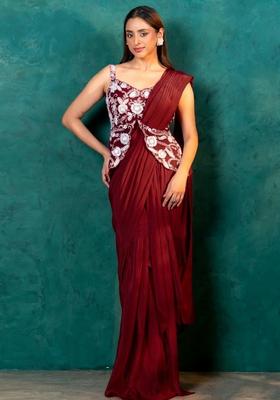 Red Crepe Embroidered Handwork Pre Draped Saree Set