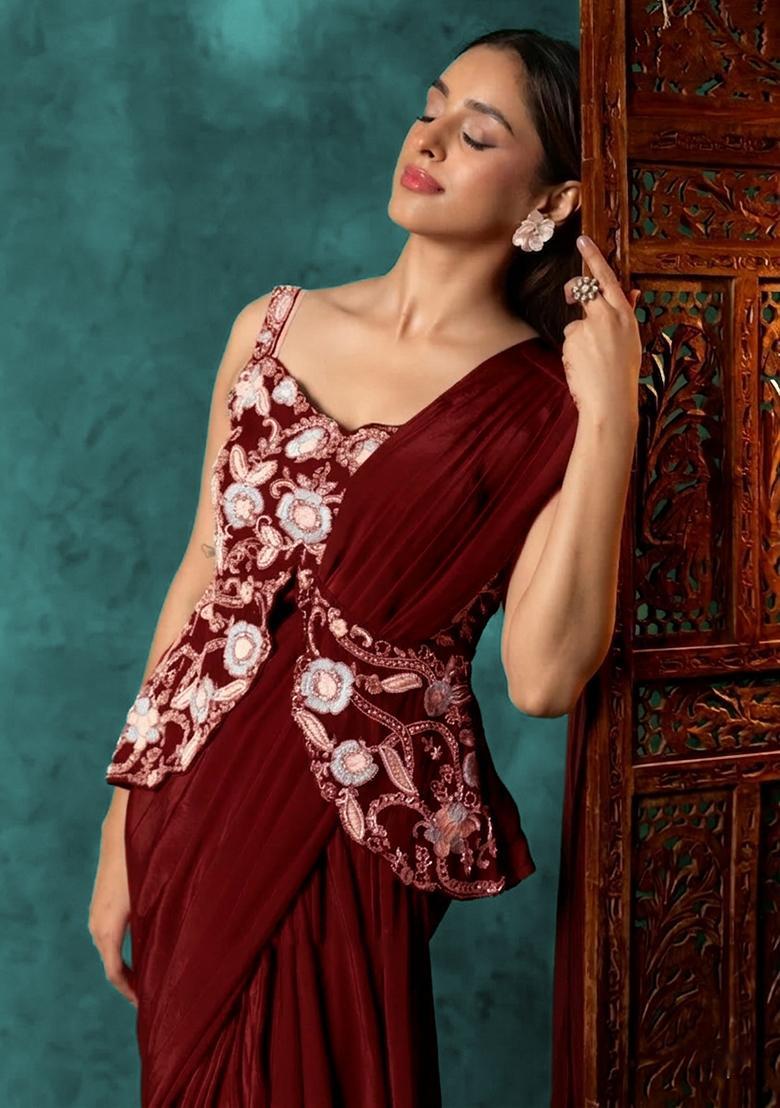 Red Crepe Embroidered Handwork Pre Draped Saree Set - Indya