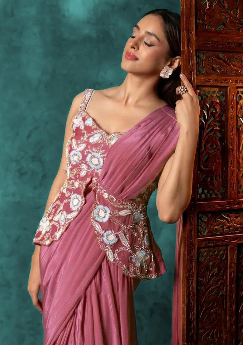Mauve Crepe Embroidered Handwork Pre Draped Saree Set - Indya