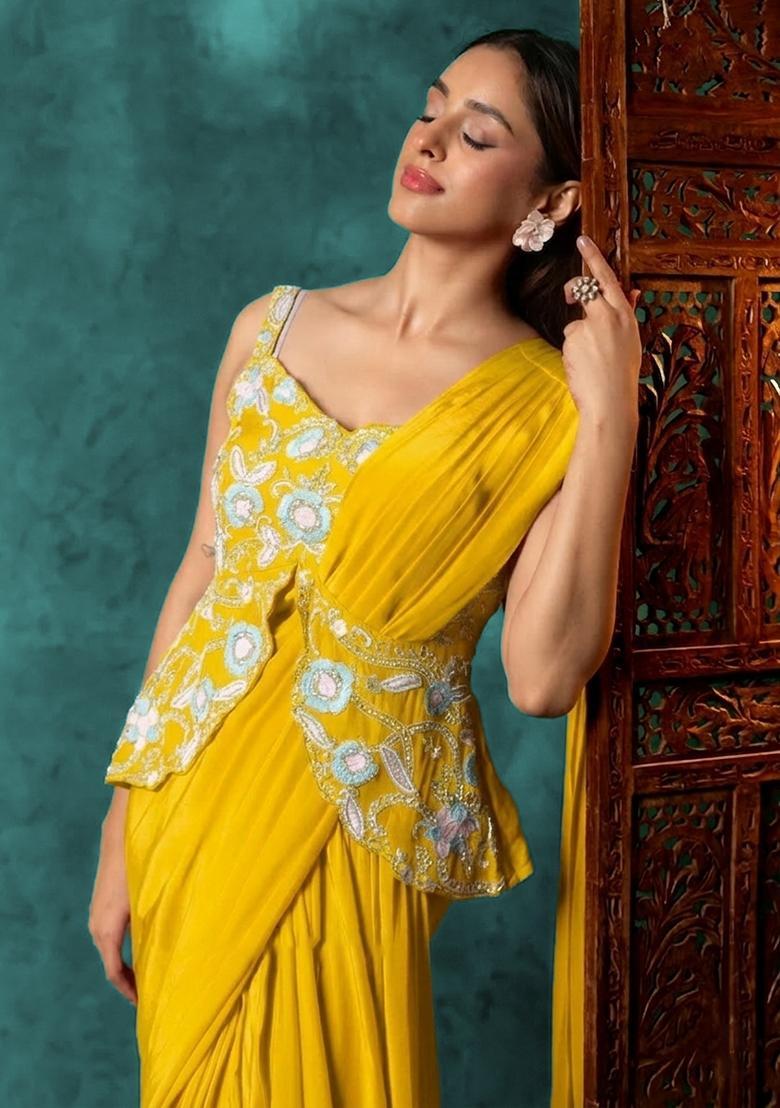 Yellow Crepe Embroidered Handwork Pre Draped Saree Set - Indya