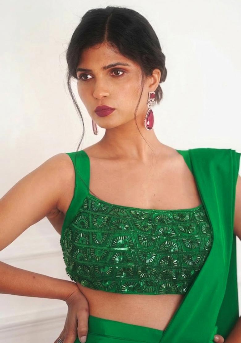 Green Crepe Embellished Handwork Pre Draped Saree Set - Indya