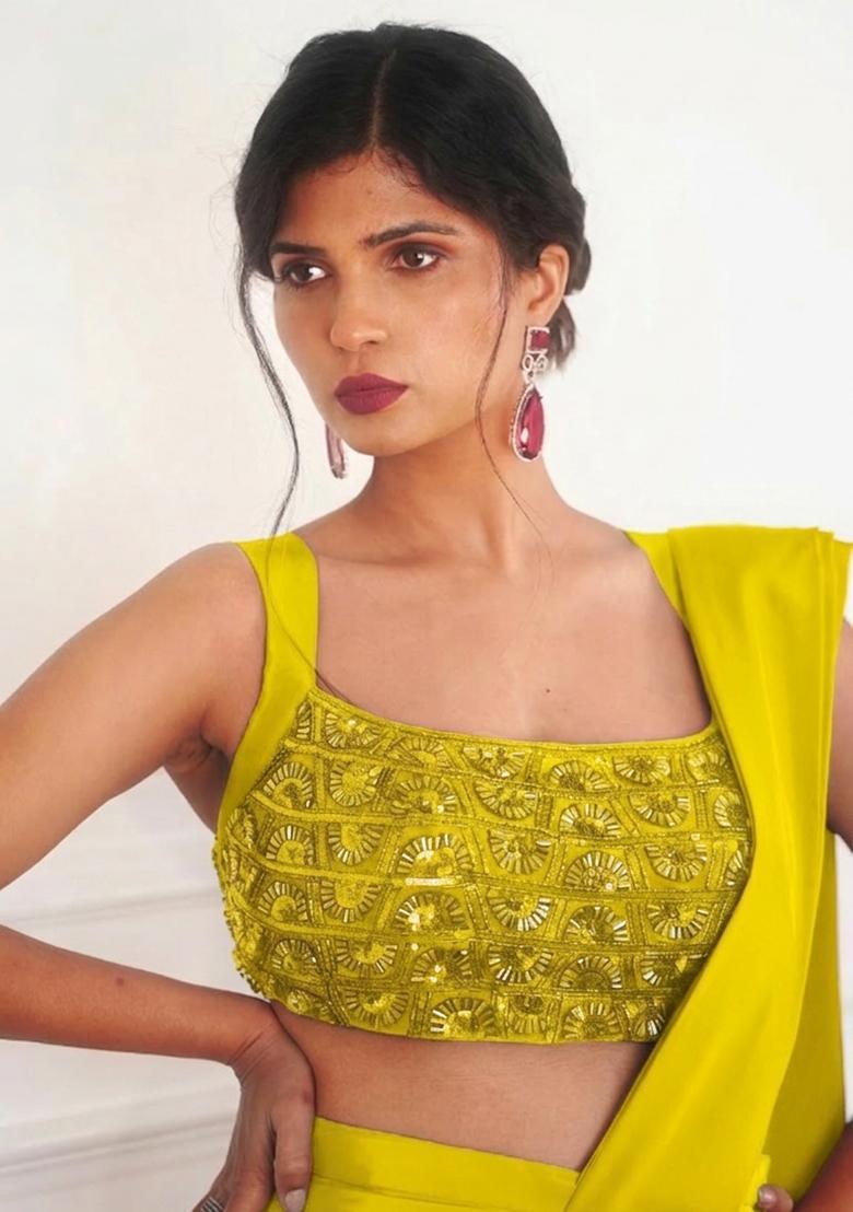 Olive Green Crepe Embellished Handwork Pre Draped Saree Set - Indya