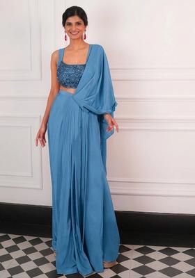 Dusty Blue Crepe Embellished Handwork Pre Draped Saree Set
