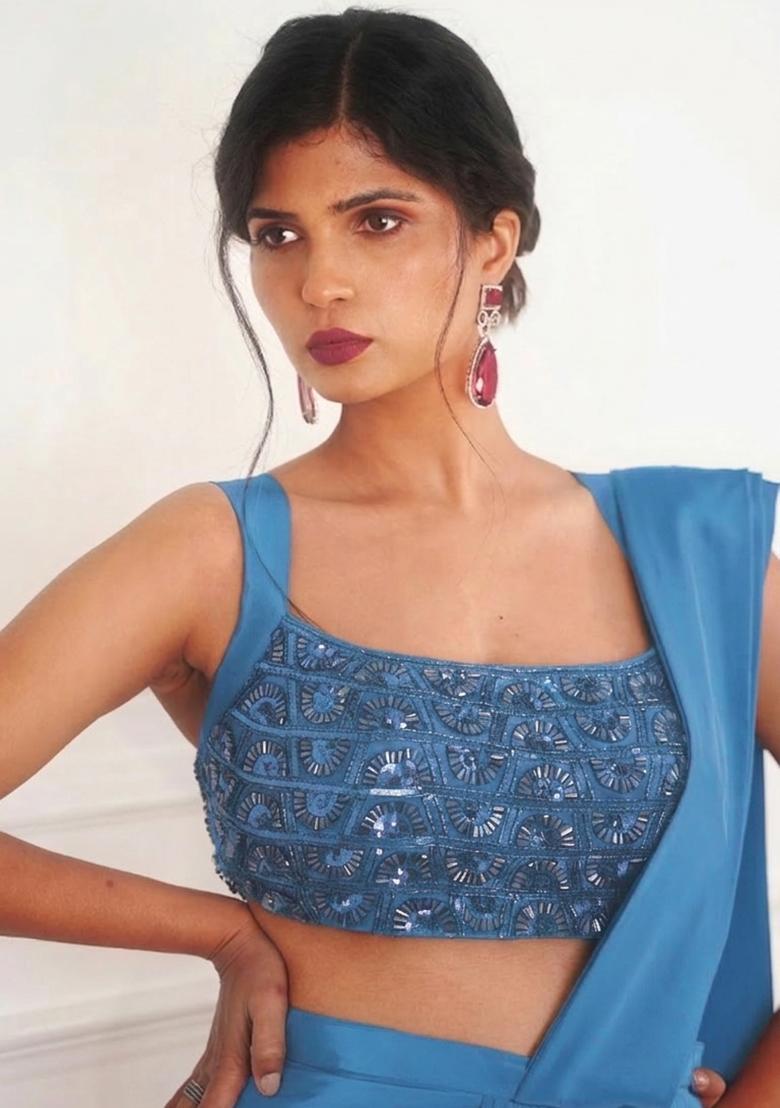 Dusty Blue Crepe Embellished Handwork Pre Draped Saree Set - Indya