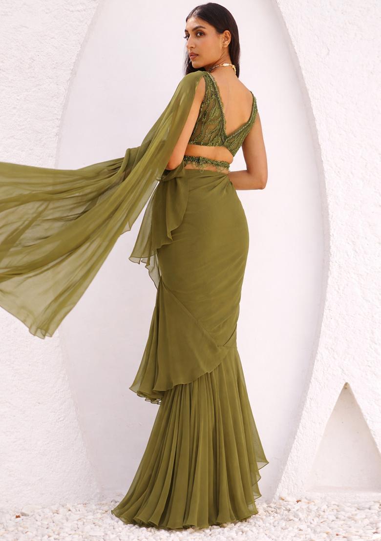 Olive Green Chiffon Embellished Handwork Pre Draped Saree Set - Indya