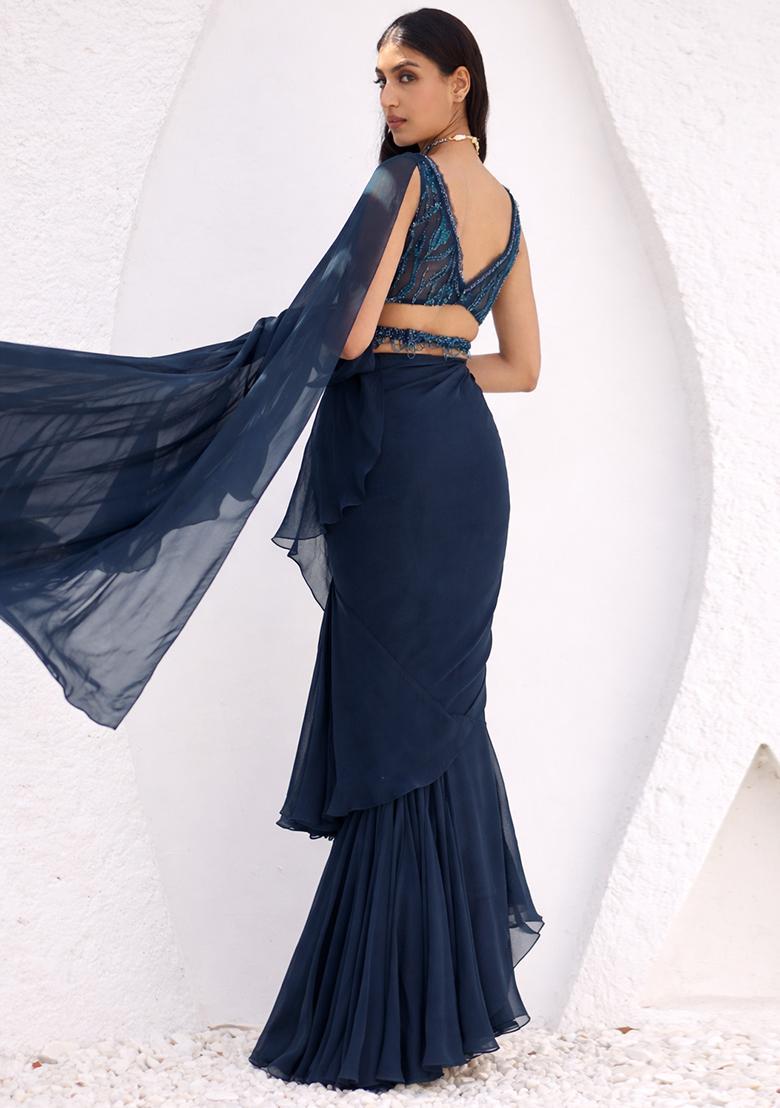 Navy Blue Chiffon Embellished Handwork Pre Draped Saree Set - Indya