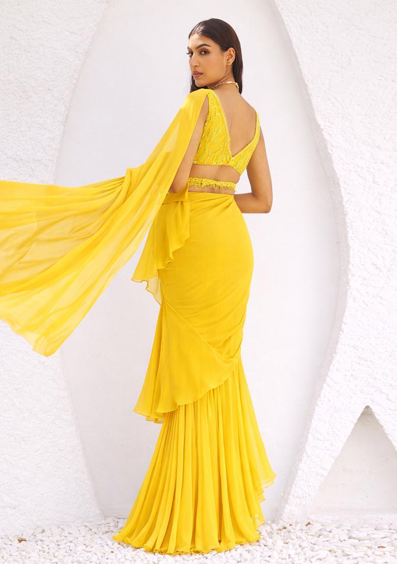 Yellow Chiffon Embellished Handwork Pre Draped Saree Set - Indya