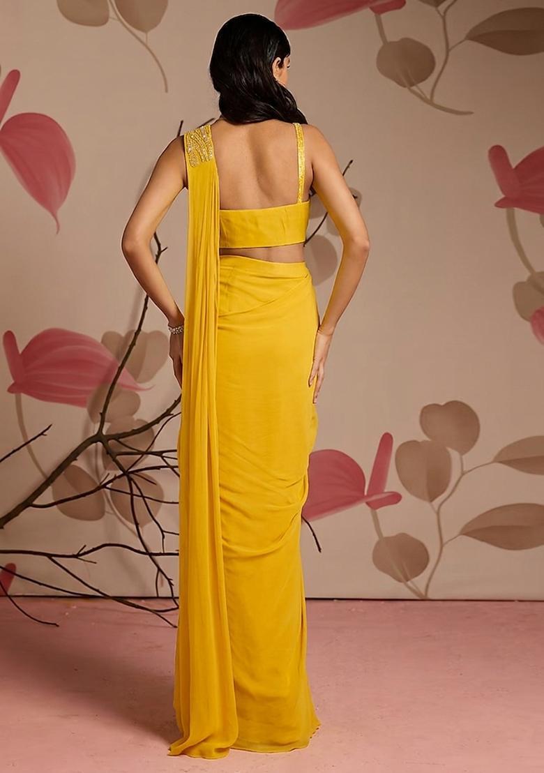 Yellow Georgette Solid Handwork Pre Draped Saree Set - Indya