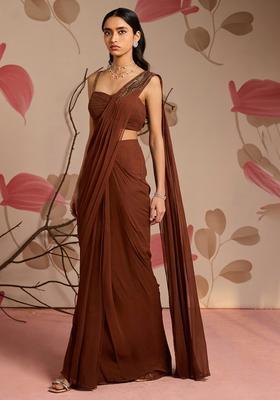 Brown Georgette Solid Handwork Pre Draped Saree Set